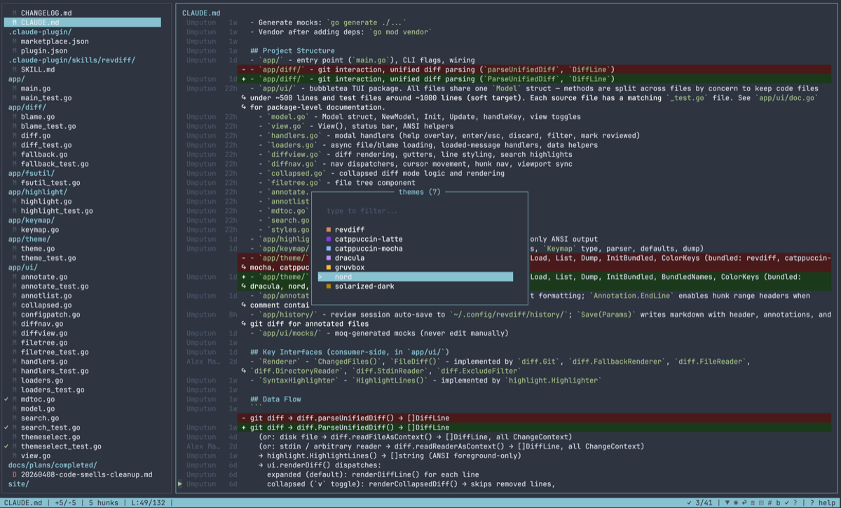revdiff TUI — theme selector