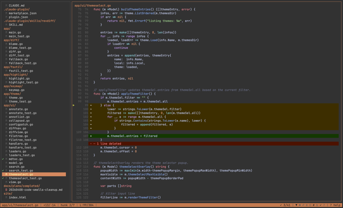 revdiff TUI — code view with annotations